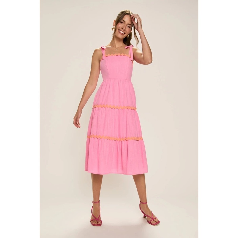 Francesca's Holly Ric Rac Midi Dress XS Pink Barbie Tiered Coquette Girly Whimsy